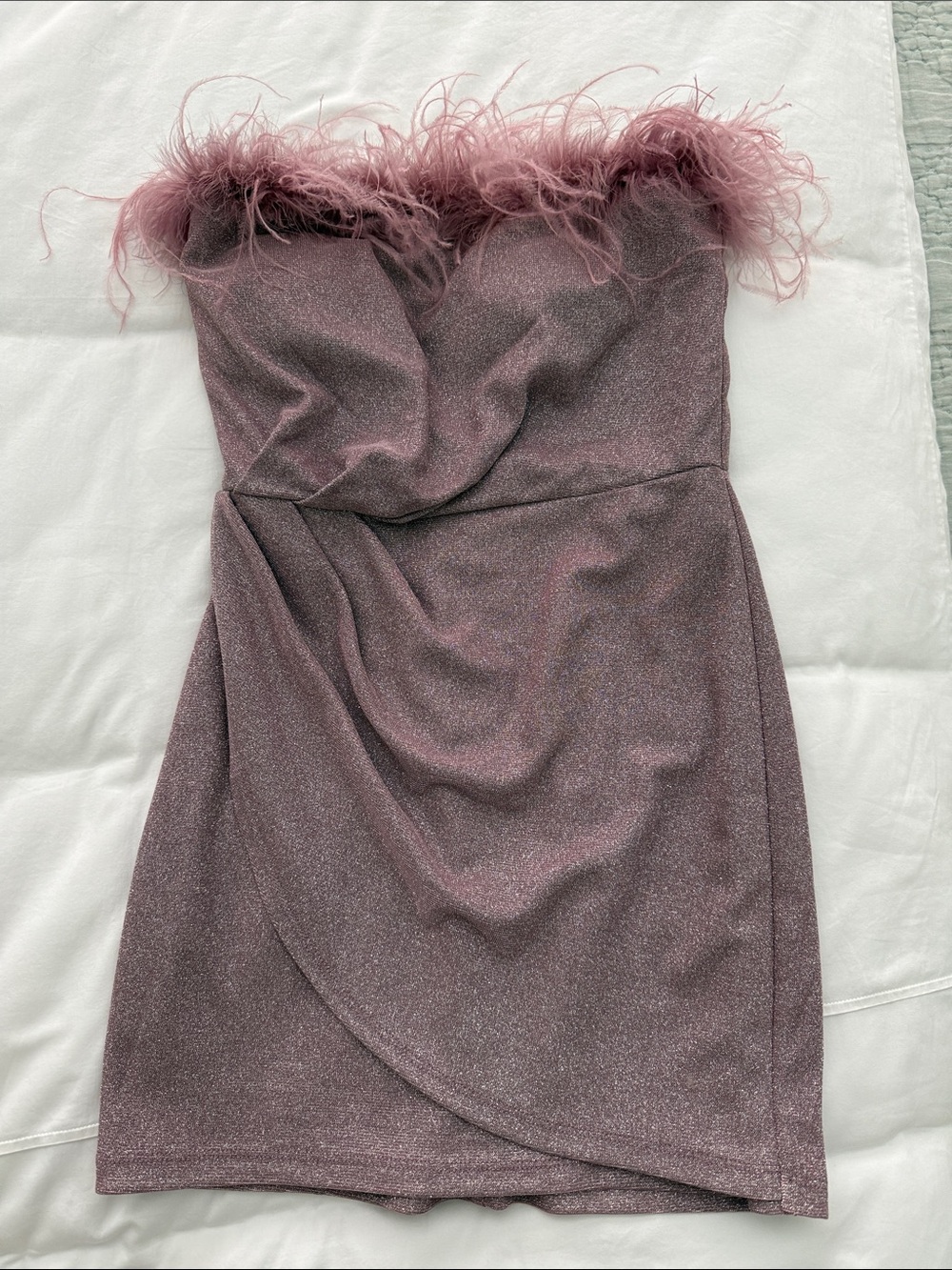 Speechless Dusty Rose Strapless Feather-Trim Mini Dress